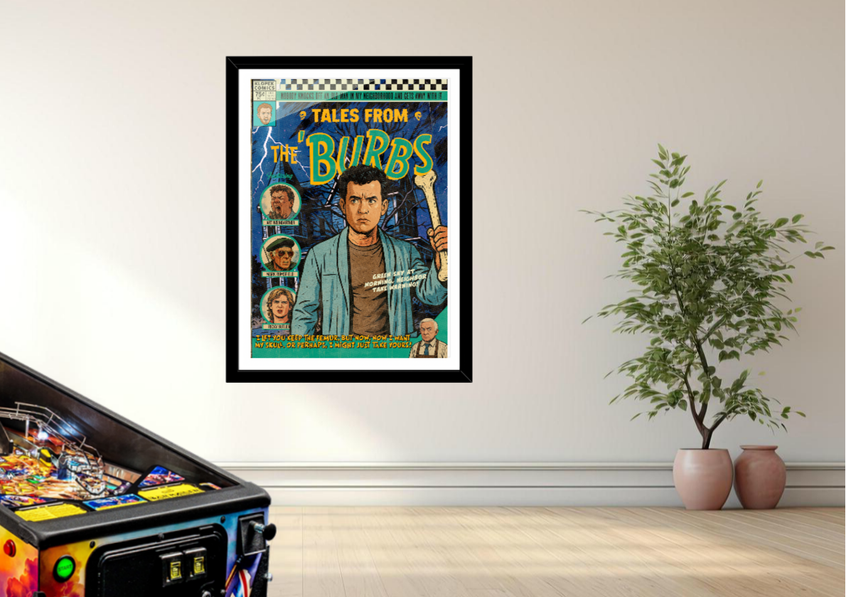 The ‘Burbs vintage comic art print styled with retro decor