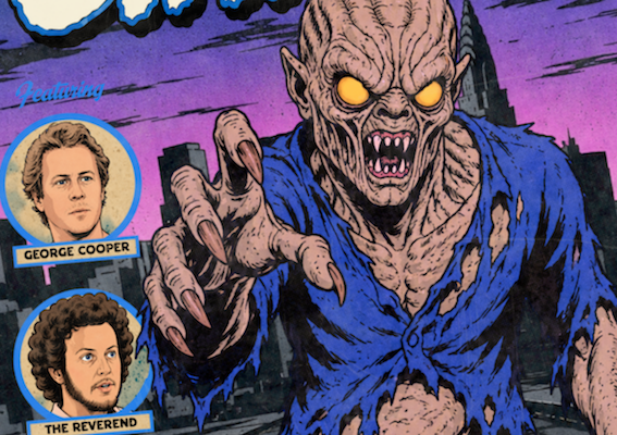 Close-up of distressed comic halftone detail on C.H.U.D. art print