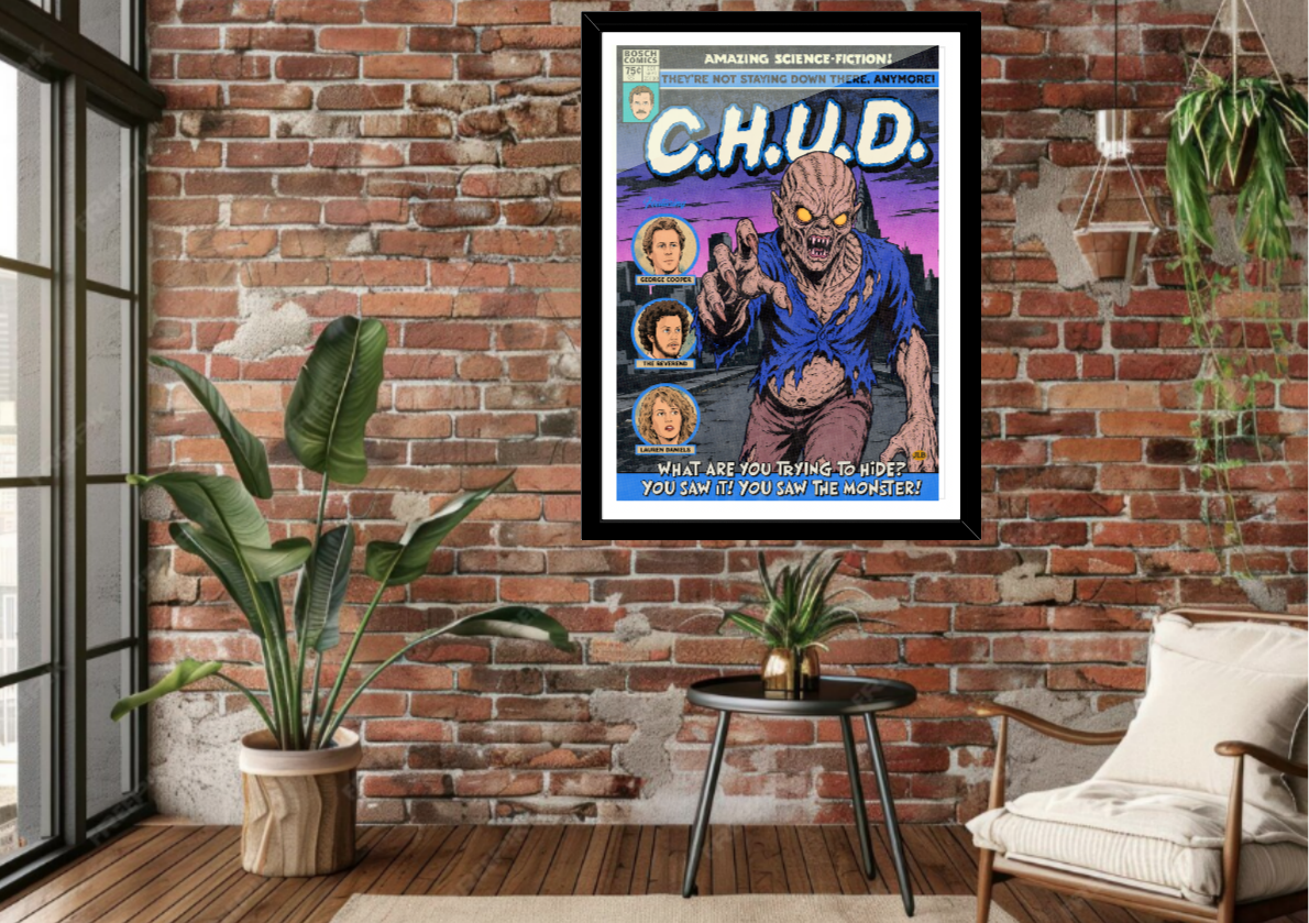 C.H.U.D. retro comic cover poster displayed in a modern interior