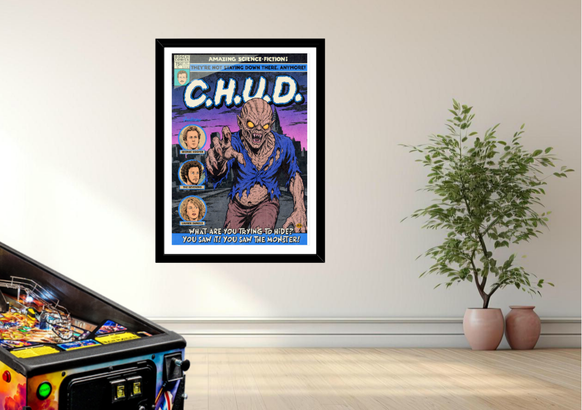 C.H.U.D. cult horror wall art styled in a retro setting