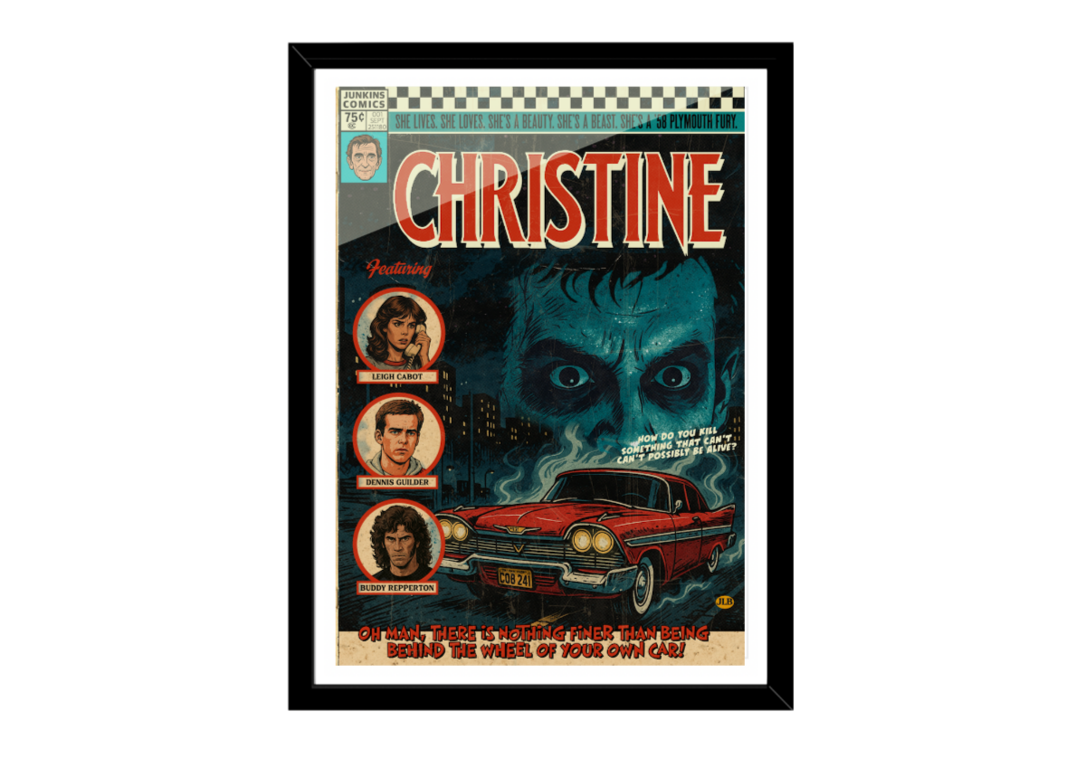 Framed poster of 'Christine' with a car and horror-themed design.