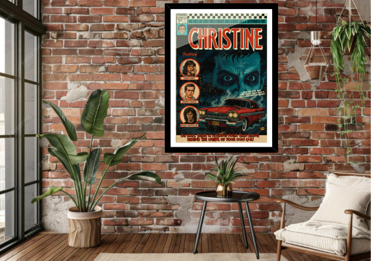 Framed 'Christine' movie poster on a brick wall with decor elements.