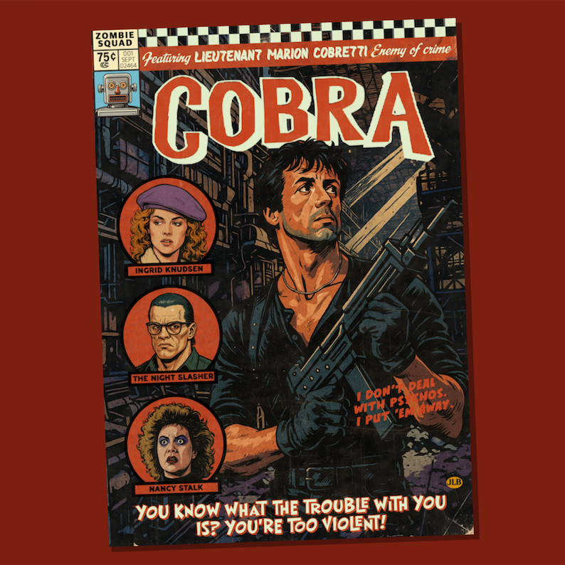 Vintage comic–style Cobra art print inspired by cult 80s action cinema