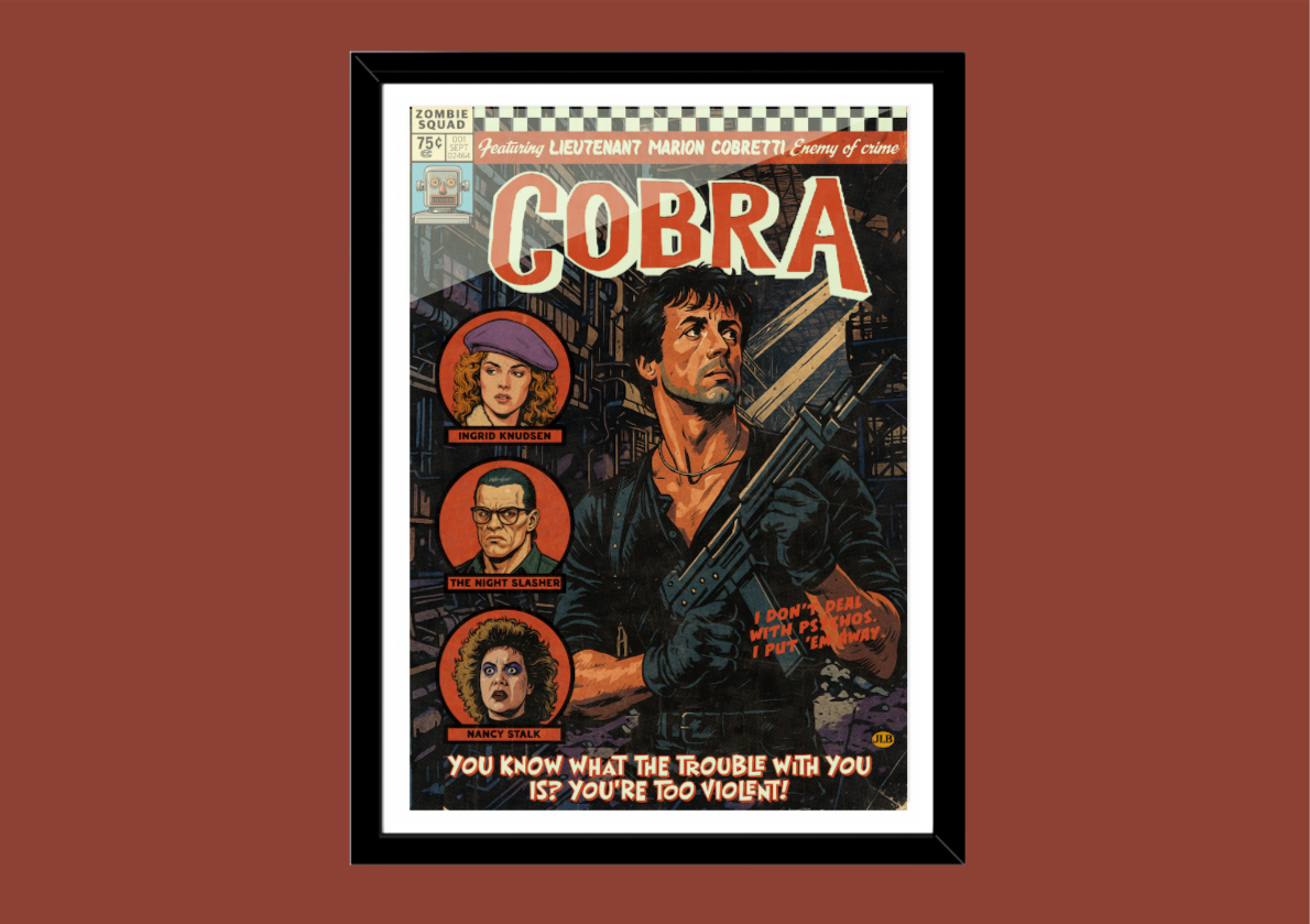 Cobra retro comic cover–style art print with bold 80s action aesthetic