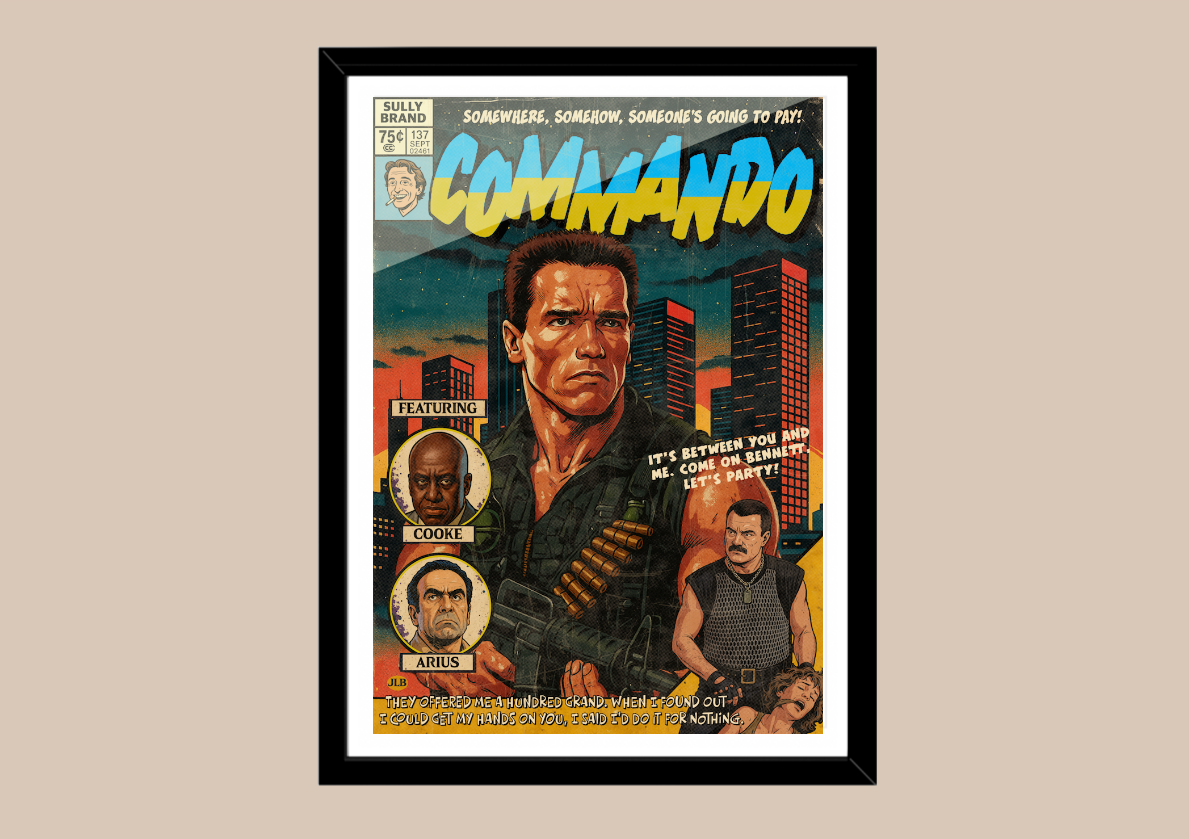 Vintage comic–style Commando art print featuring Arnold Schwarzenegger in 80s action mode
