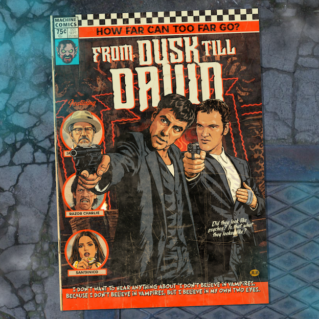 Vintage comic–style From Dusk Till Dawn art print inspired by cult horror action cinema