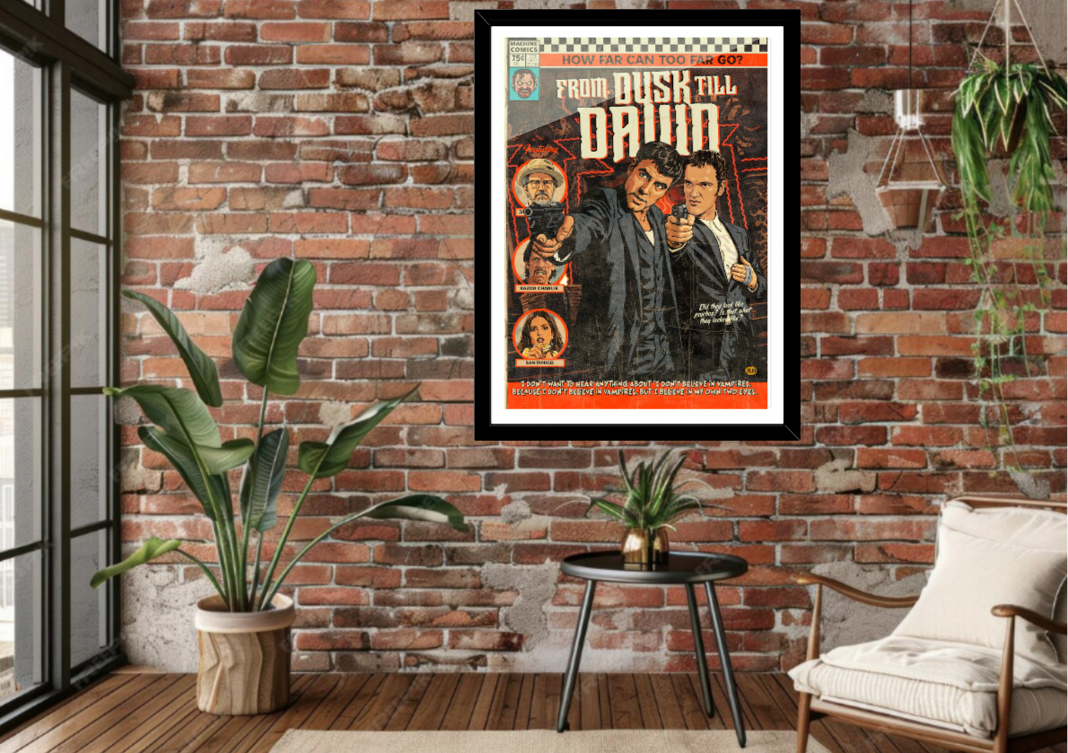 Framed From Dusk Till Dawn comic-style art print displayed in modern interior