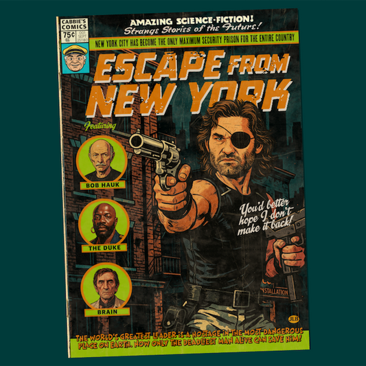 Vintage comic–style Escape From New York art print inspired by cult dystopian sci-fi cinema