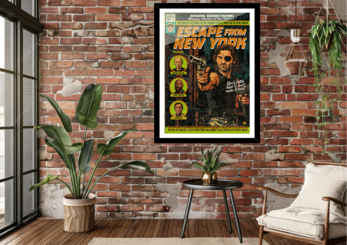 Framed Escape From New York comic-style art print displayed in a modern interior