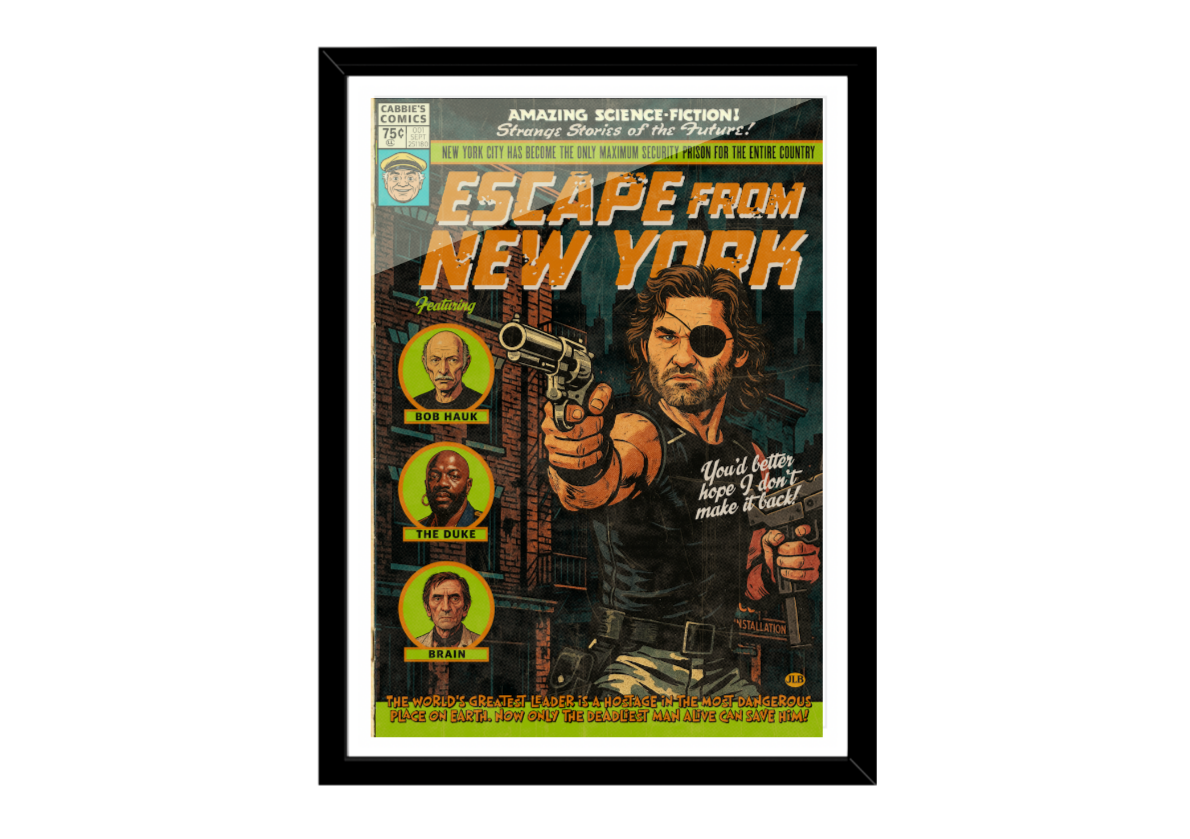 Comic book-style poster of a character from 'Escape from New York' with a gun and eye patch.