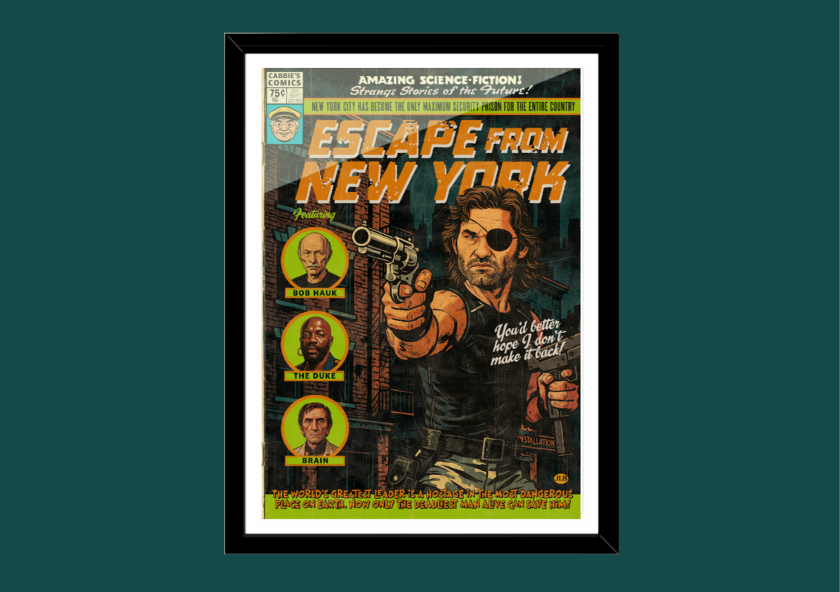 Escape From New York retro comic cover–style art print with gritty dystopian aesthetic