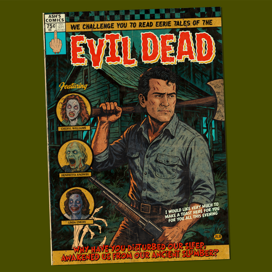 Vintage comic–style Evil Dead art print inspired by 80s cult horror cinema