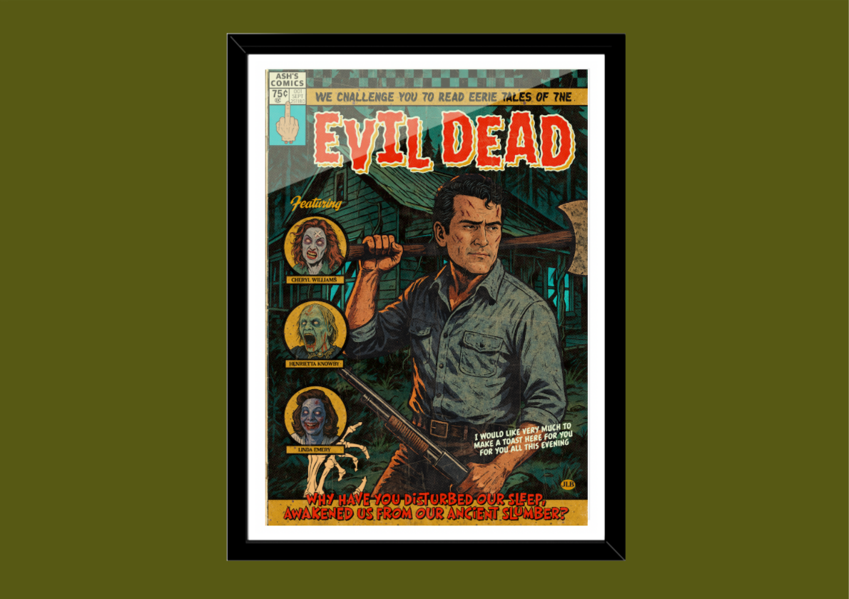 Evil Dead retro comic cover–style art print with gore-soaked horror aesthetic