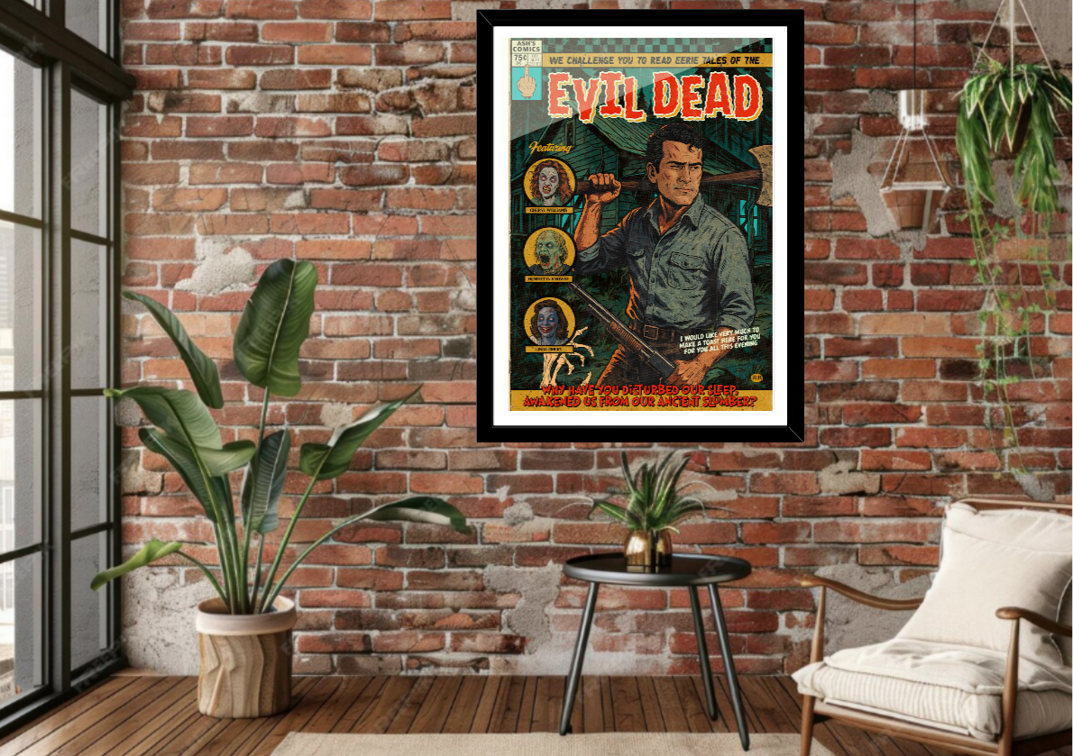 Framed Evil Dead comic-style art print displayed in a modern interior