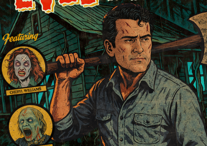 Close-up of halftone texture and distressed comic detail on Evil Dead art print