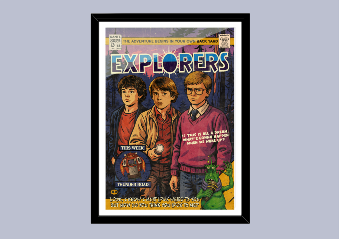 Explorers retro comic cover–style art print with adventurous 80s aesthetic
