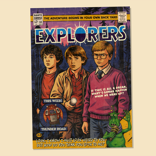 Vintage comic–style Explorers art print inspired by 80s cult sci-fi adventure cinema
