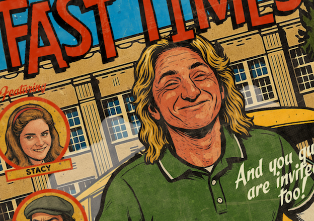 Close-up of halftone texture and distressed comic detail on Fast Times at Ridgemont High art print