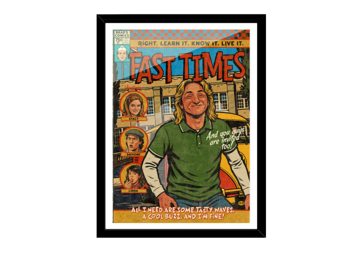 Comic book-style poster with a person in a green shirt and text, framed with a black border.