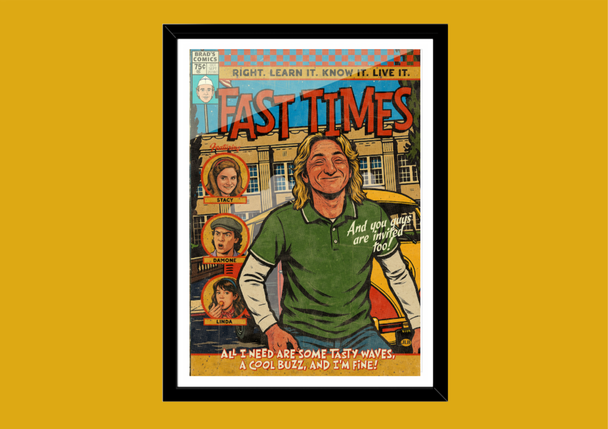 Fast Times at Ridgemont High retro comic cover–style art print with playful 80s teen aesthetic