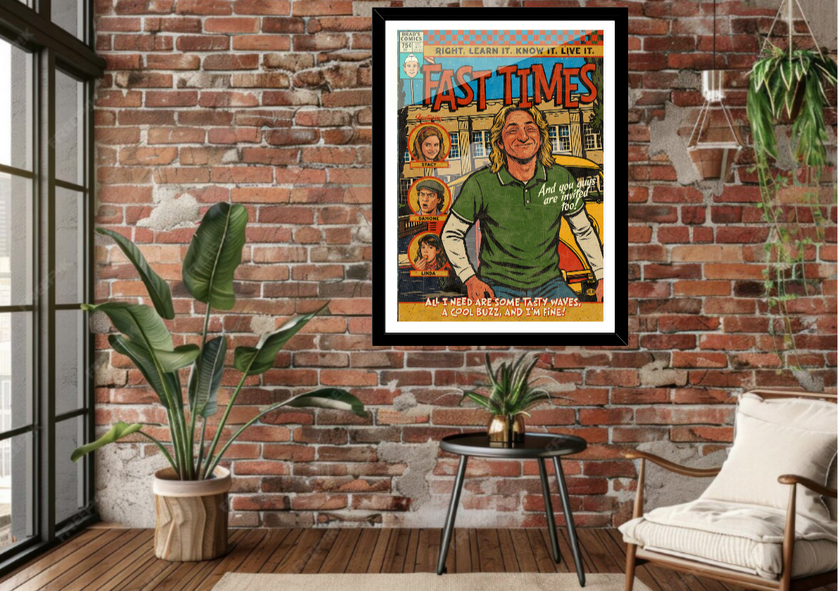 Fast Times at Ridgemont High vintage comic art print styled with nostalgic 80s teen decor