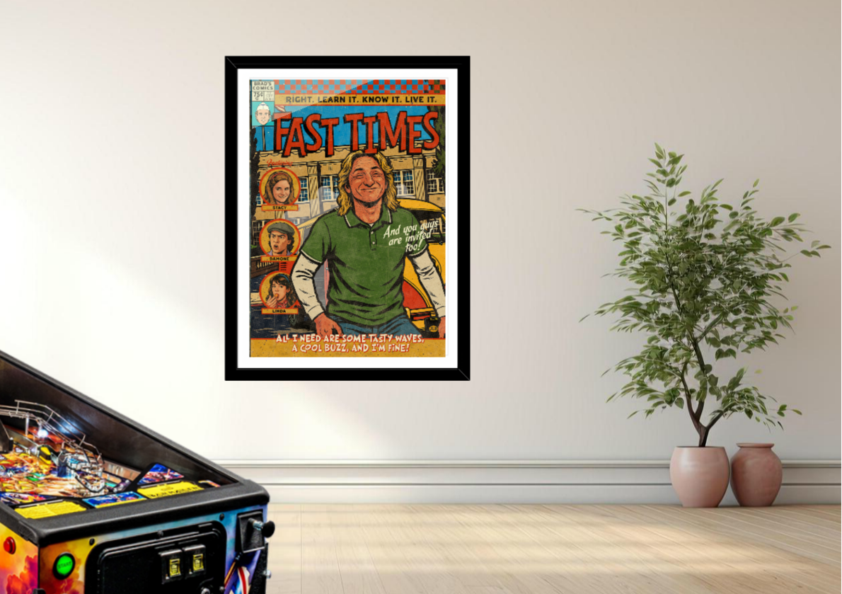Framed Fast Times at Ridgemont High comic-style art print displayed in retro interior