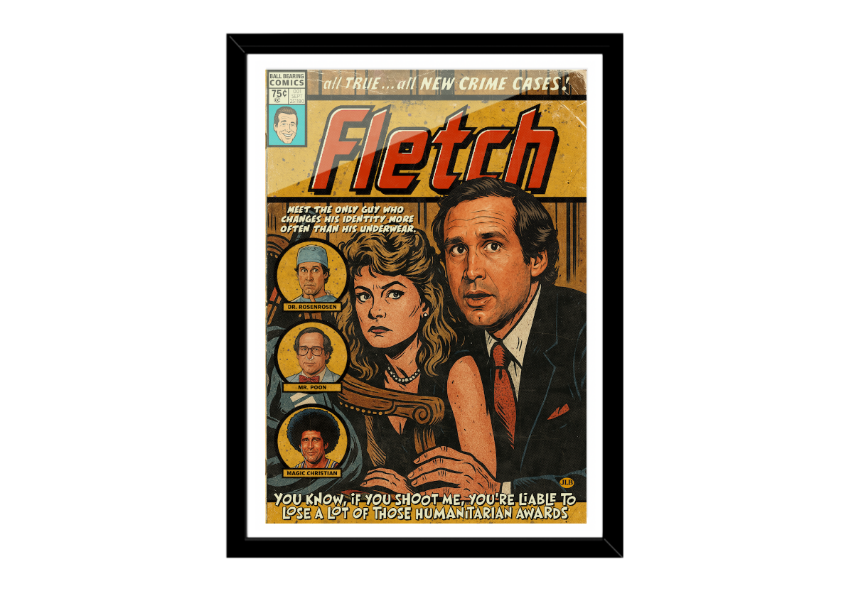 Framed poster of a comic book cover featuring a man and woman with text 'Fletch' on a white background. Available in A5, A4, A3, A2 sizes.
