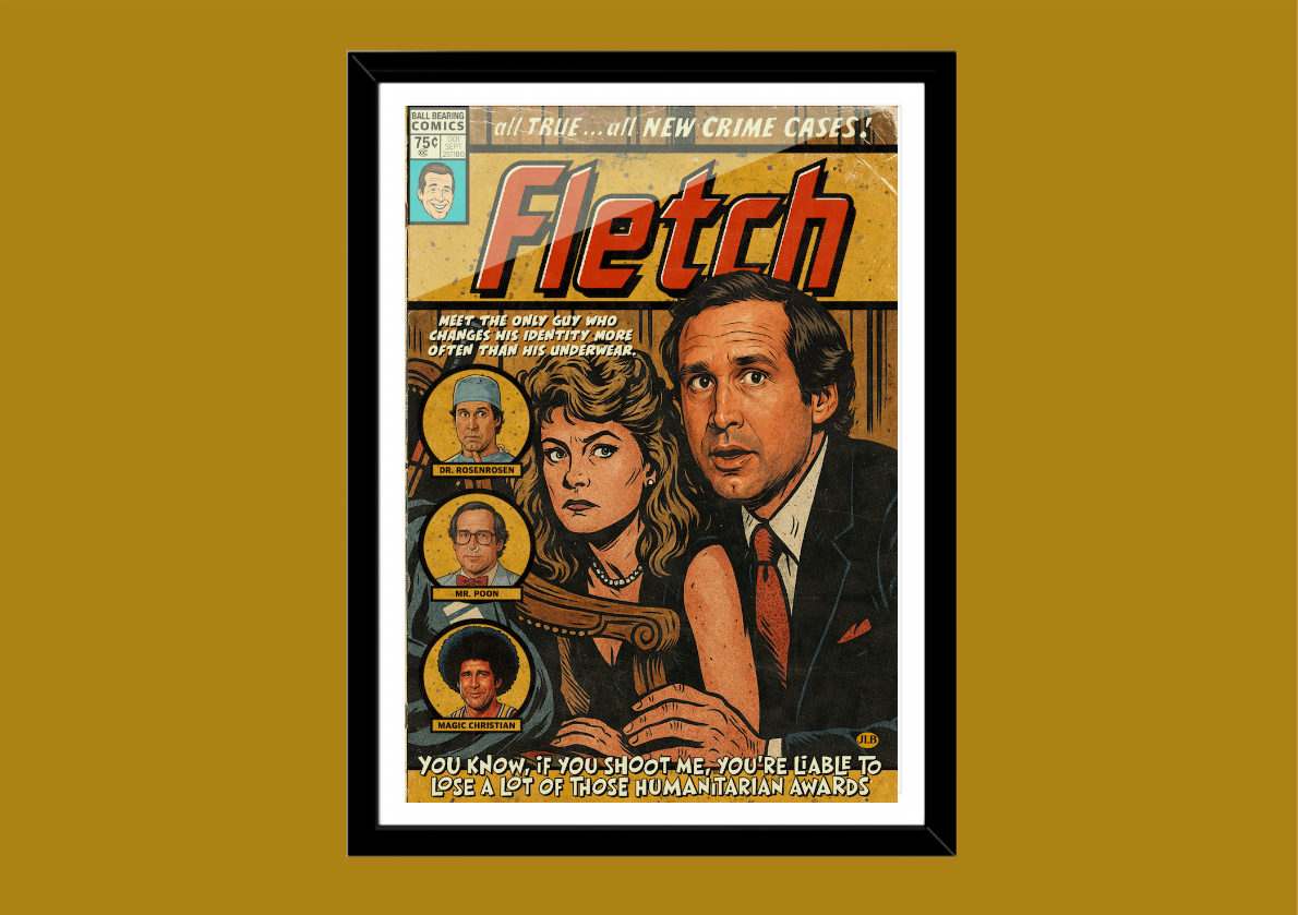Vintage-style magazine cover with a man and woman holding a key, titled 'Fletch', on a yellow background.