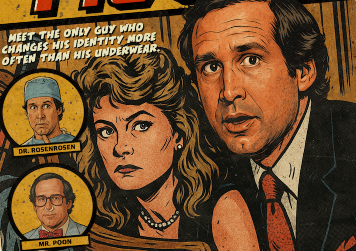 Vintage-style poster with a man, woman, and three smaller portraits on a yellow background.