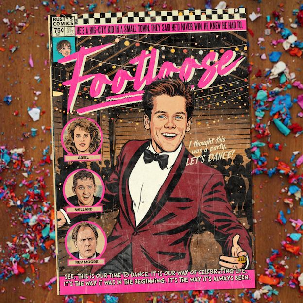 Vintage comic–style Footloose art print inspired by 80s dance cinema