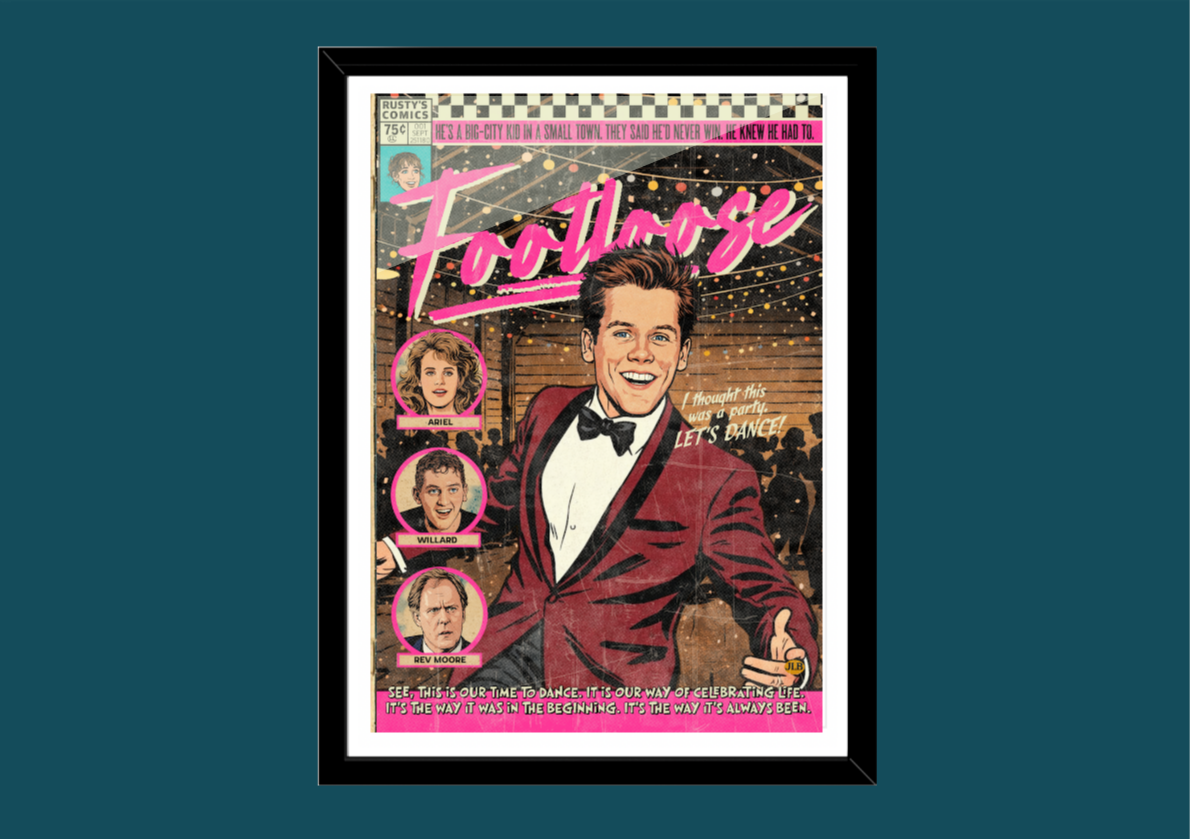 Footloose retro comic cover–style art print with energetic dance aesthetic