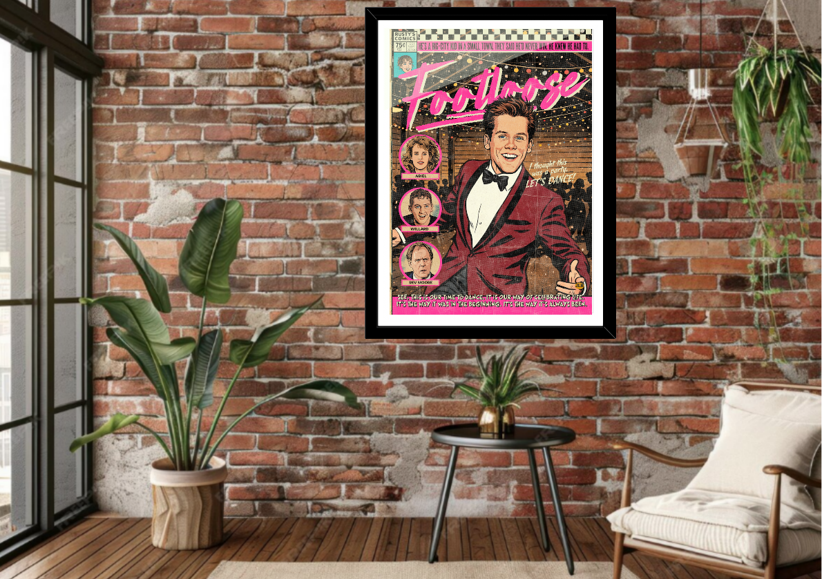 Framed Footloose comic-style art print displayed in modern interior