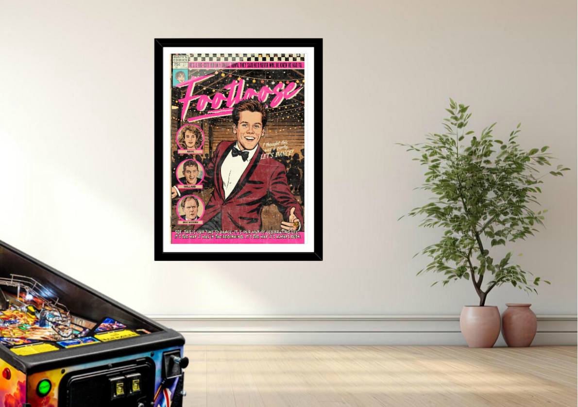 Footloose vintage comic art print styled with vibrant, retro decor