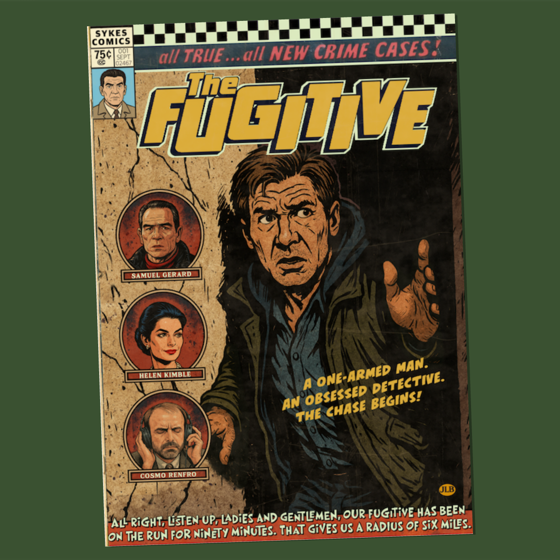 The Fugitive comic book style poster print inspired by 1993 thriller