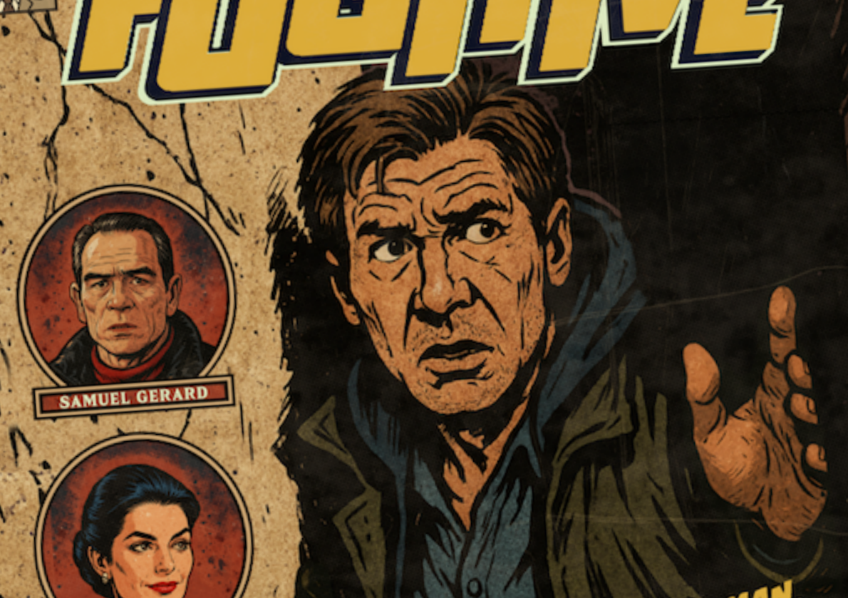 Retro comic cover wall art featuring Harrison Ford in The Fugitive