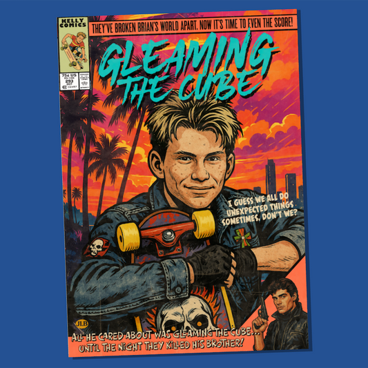 Vintage comic book–style Gleaming the Cube art print featuring Christian Slater, inspired by 80s cult cinema