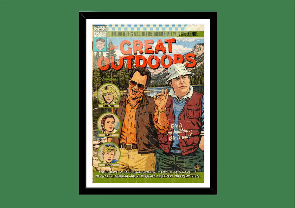 The Great Outdoors retro comic cover–style art print with warm vacation comedy aesthetic