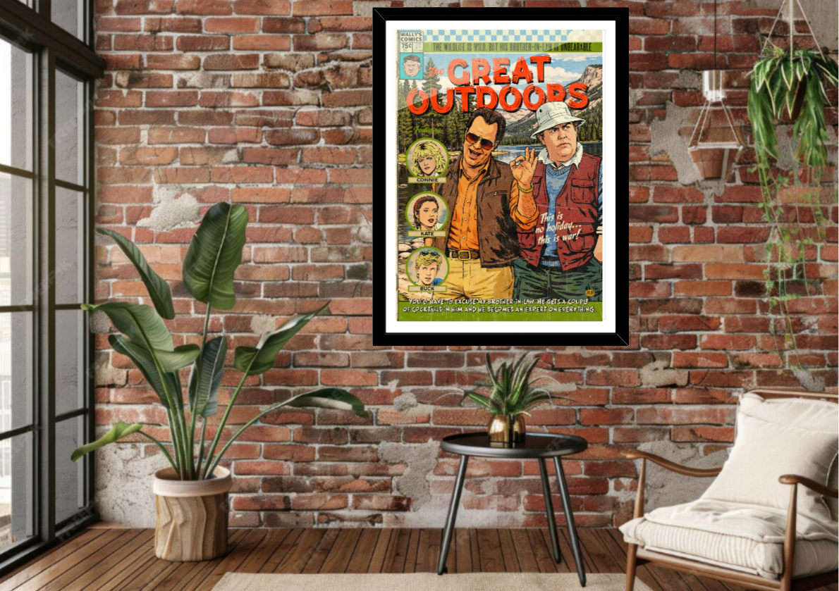 Framed The Great Outdoors comic-style art print displayed in modern interior