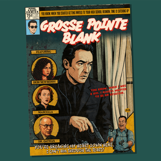 Vintage comic–style Grosse Pointe Blank art print featuring John Cusack and retro pulp aesthetics