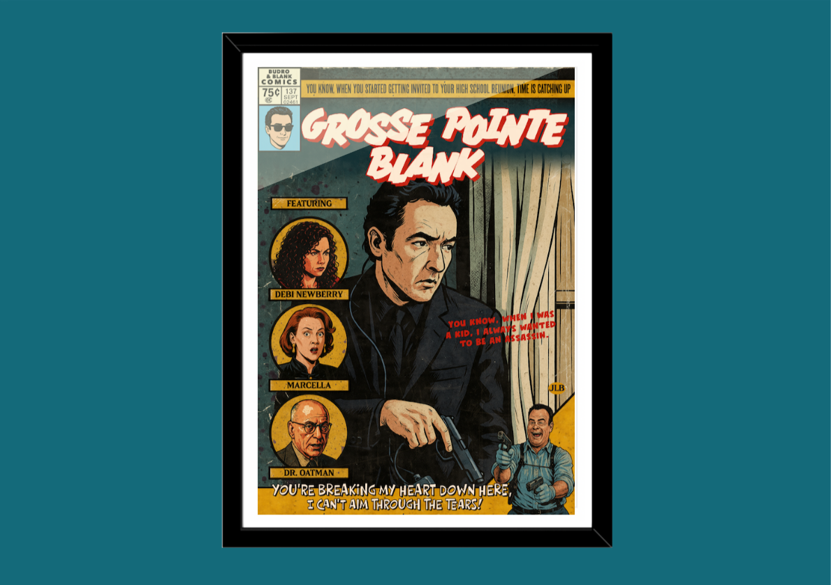 Framed Grosse Pointe Blank comic-style art print