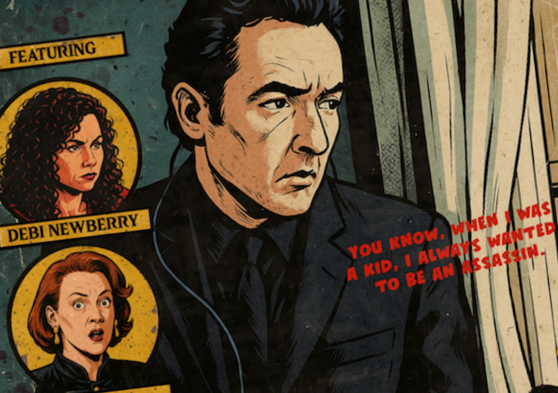 Close-up of halftone texture and distressed comic detail on Grosse Pointe Blank art print