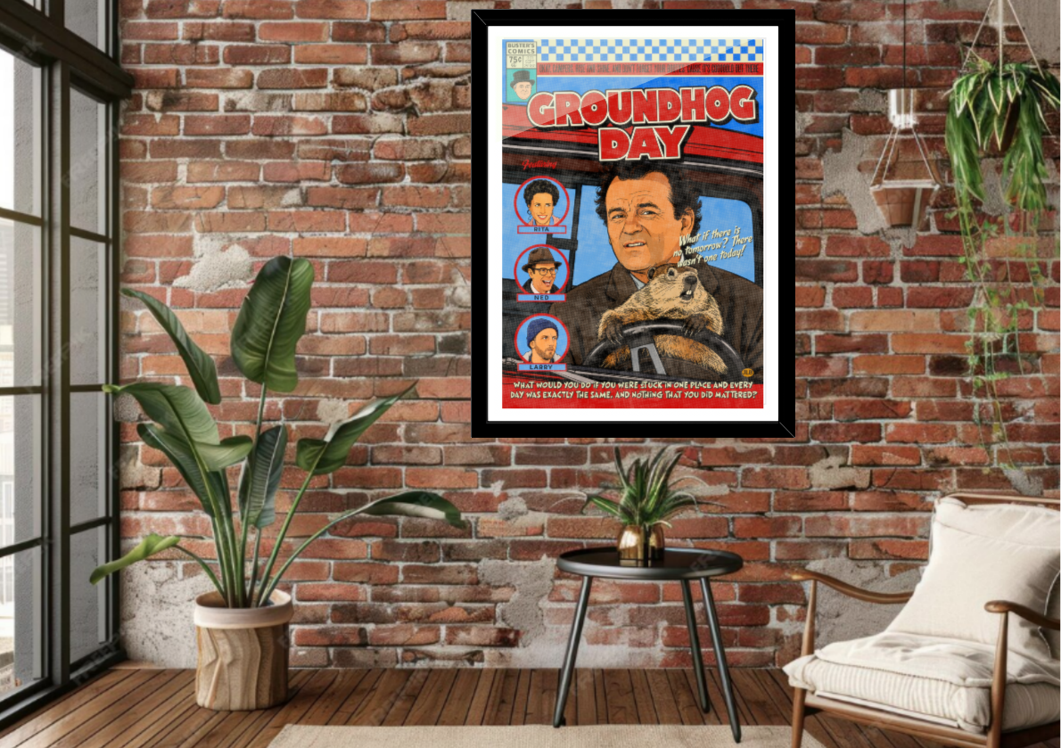 Groundhog Day retro comic cover poster displayed in a modern interior