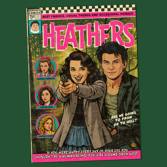Vintage comic–style Heathers art print inspired by cult 80s dark comedy cinema