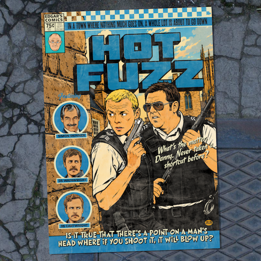 Vintage comic-style Hot Fuzz art print inspired by cult British action-comedy cinema