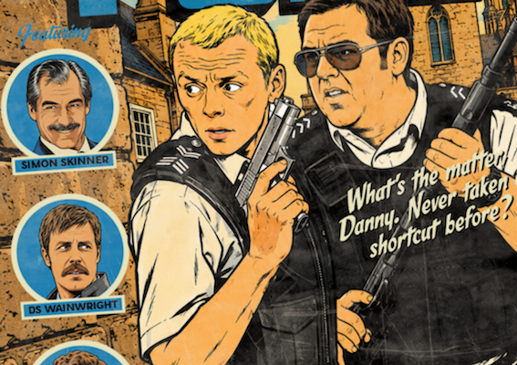 Close-up of distressed comic halftone detail on Hot Fuzz art print
