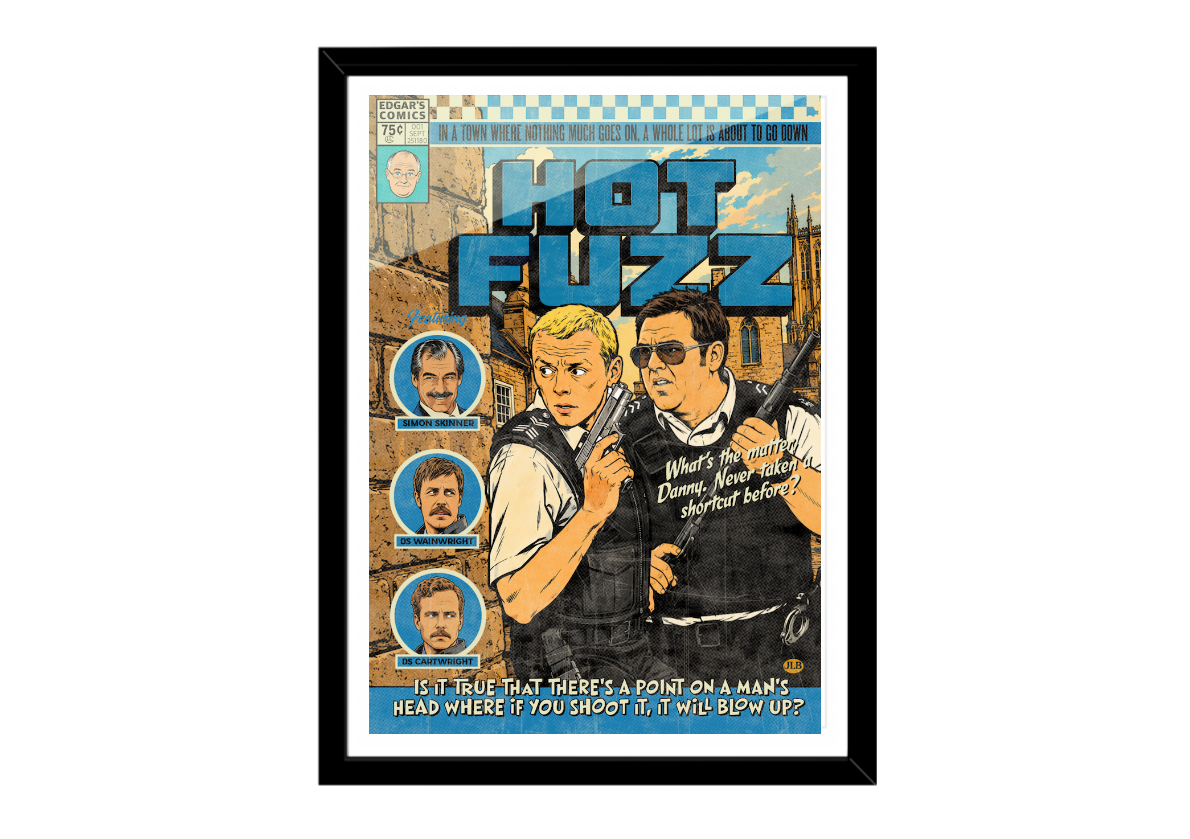 Framed Hot Fuzz comic-style movie art print