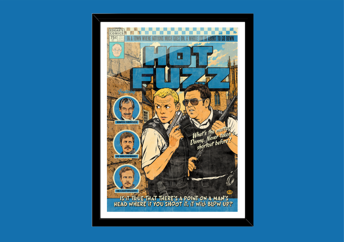 Framed Hot Fuzz comic-style movie art print