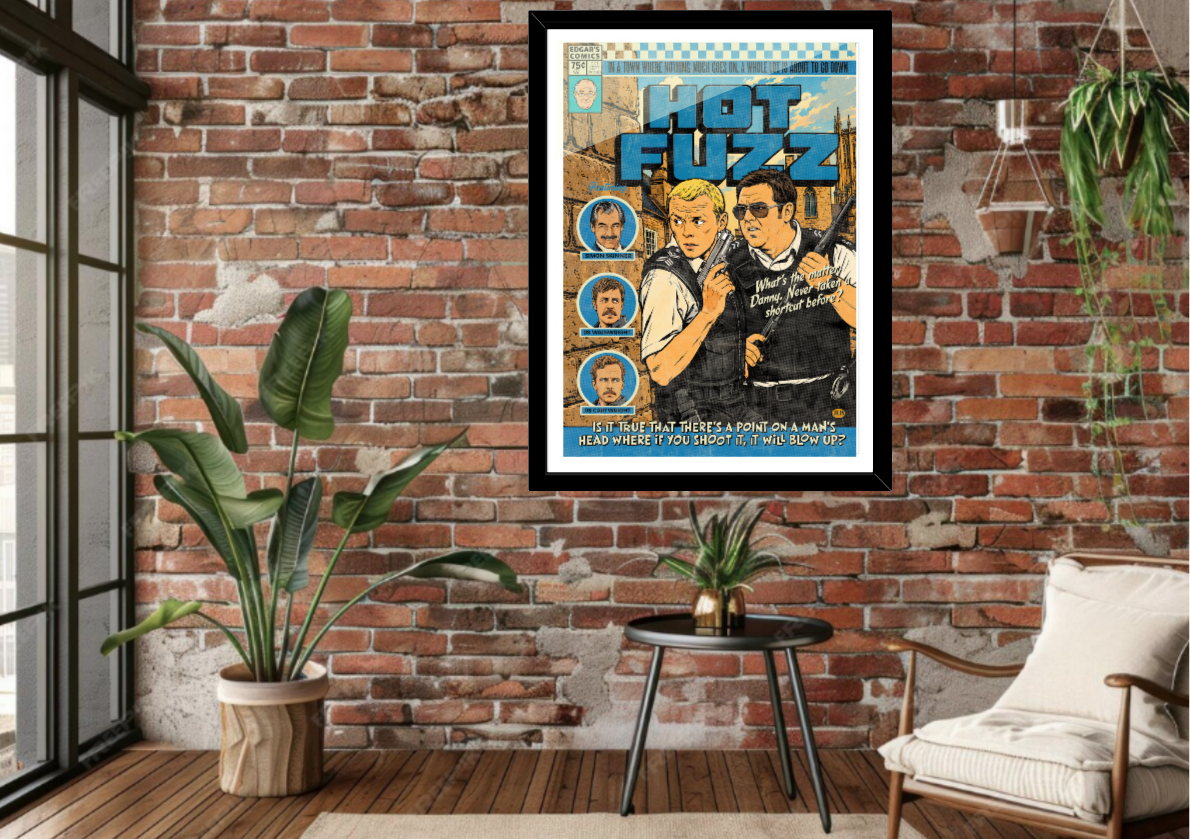 Hot Fuzz retro comic cover poster displayed in modern interior