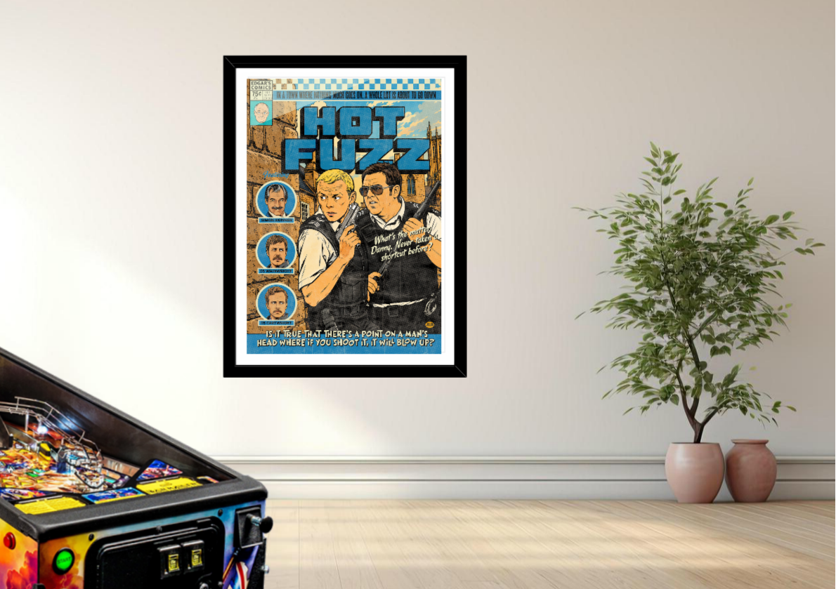 Hot Fuzz cult action-comedy wall art styled in home cinema setting
