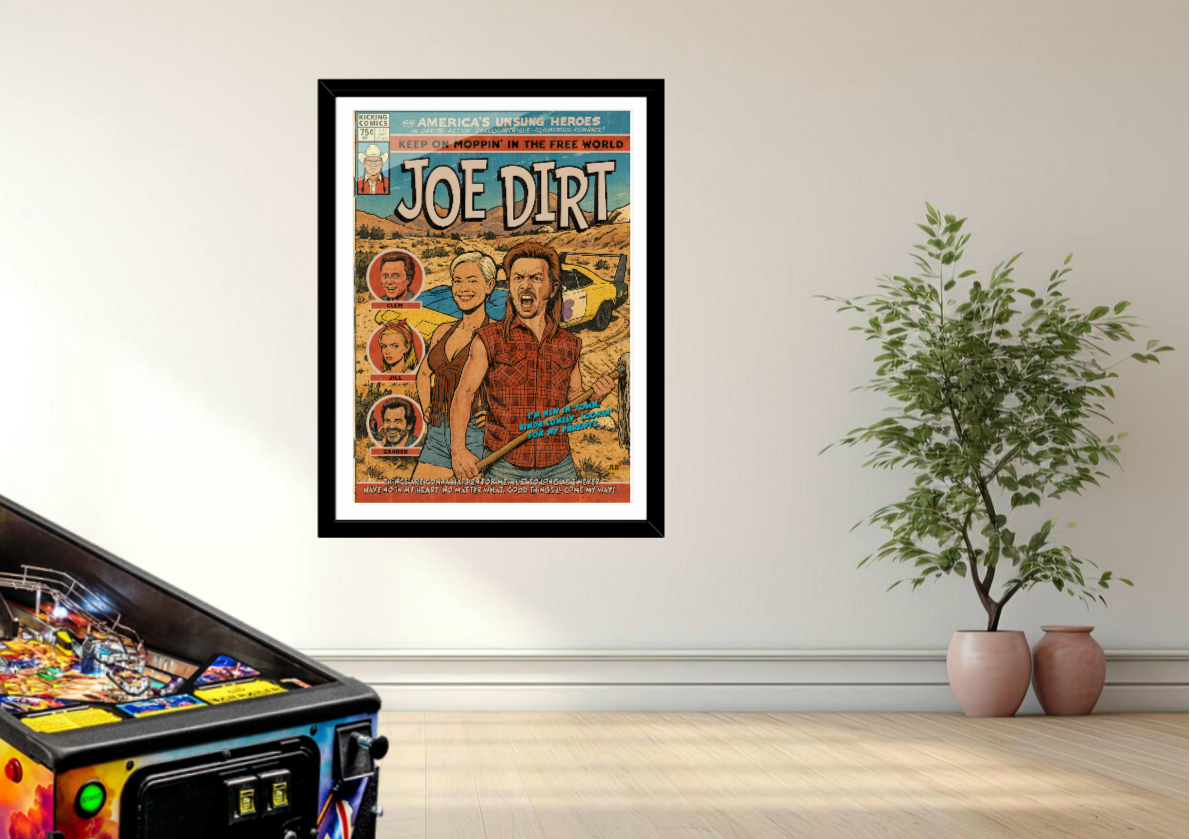 Joe Dirt vintage comic art print styled with relaxed, retro decor